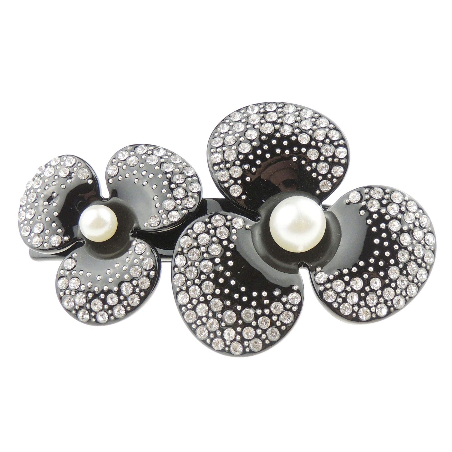 Womens Girls Large Faux Pearl Crystal Rhinestone Diamante Wedding Birthday Party Evening School Ponytail Fine Hair Accessories Barrette Hairpin Grip French Spring Clip Black Flower (Clear Crystals)