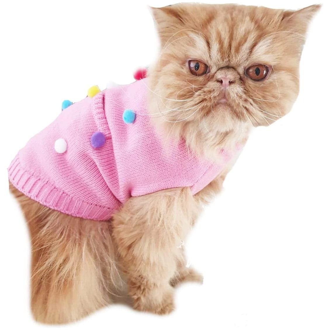 Pink Grey Bobble Pom Bobble Warm Winter Knit SMALL DOG BREED ONLY Girl Boy Jumper Sweater (Medium, Pink)