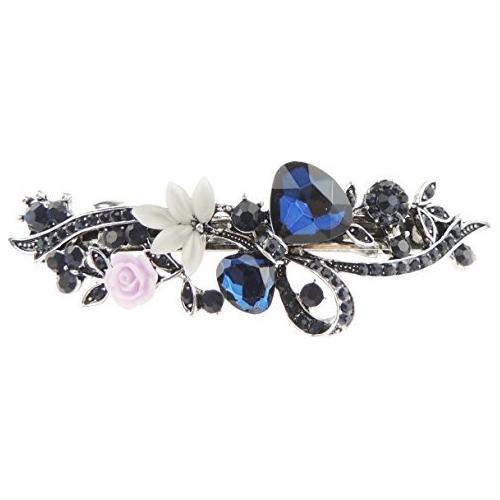 Ladies Vintage Look Silver Tone Metal Blue Crystal Hair Barrette Bow & Rose (Blue Lilac)