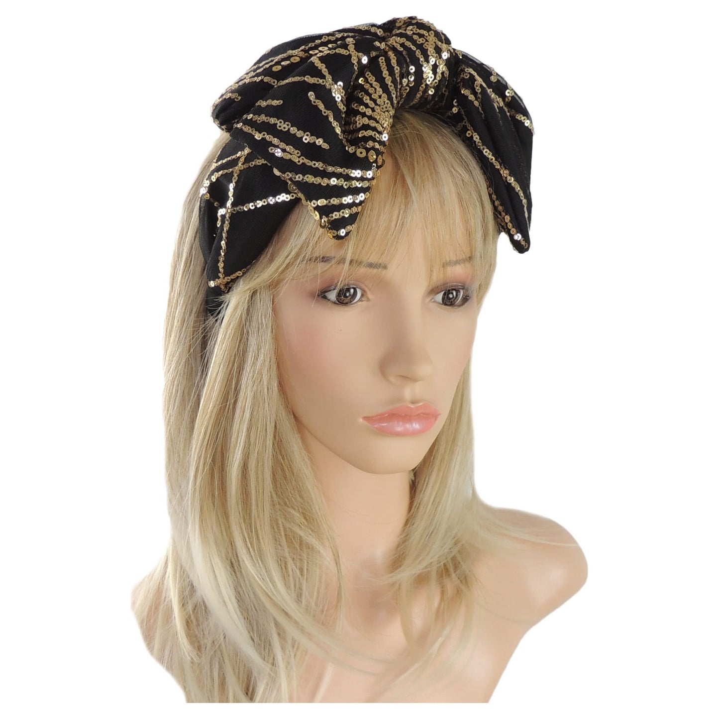Ladies Sparkly Sequin Evening Party Big Full Bow Covered Headband Alice Band (White)