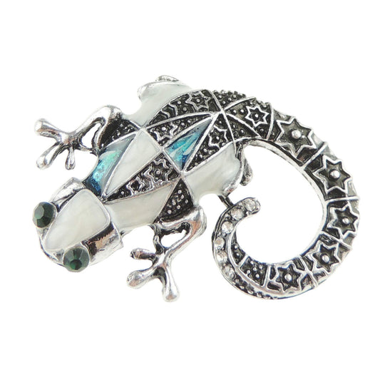 Mens Ladies Sparkly Coat Scarf Coat Jacket Shawl Scarf Diamante Rhinestone Crystal Brooch Badge Breastpin Corsage Pin Silver Tone Vintage Look Amphibian Lover Iguana Lizard Gecko Brooch White Blue