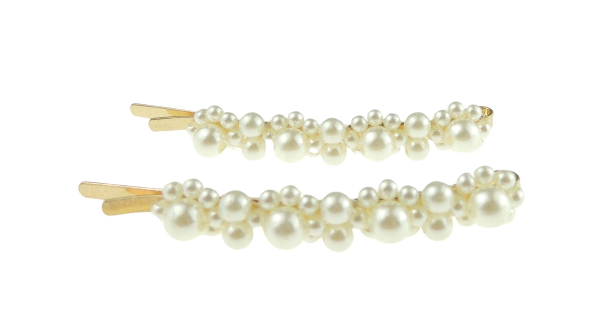 Womens Girls Faux Pearl Flower Rhinestone Jeweled Crystal Diamante Party Birthday Christmas Bridal Wedding Accessories Slides Hairpin Hair Clips Grips Bobby Pins Set of 2