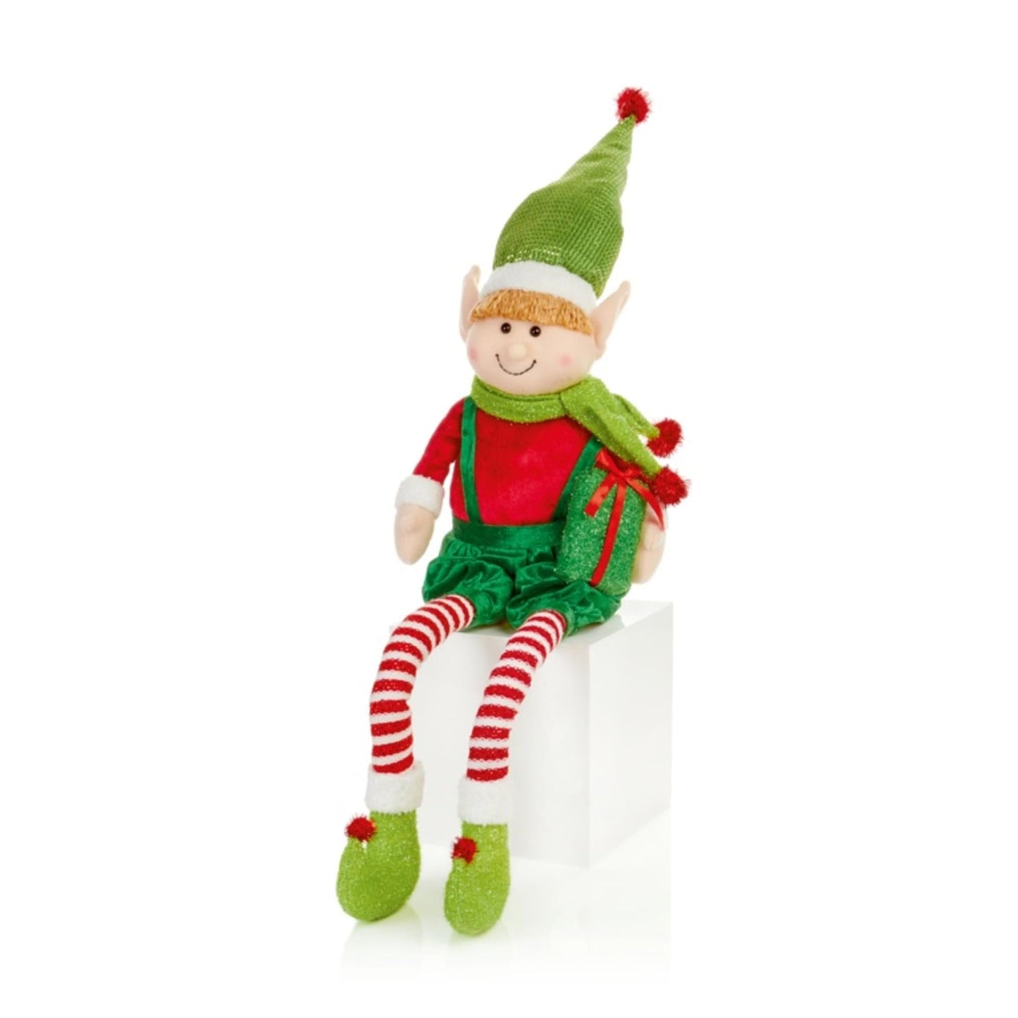 Large Festive Red & Green Glitter Tinsel Elf Jumper Christmas Sitting Decoration Ornament Bauble Traditional Holiday Decor Gift Xmas Decor