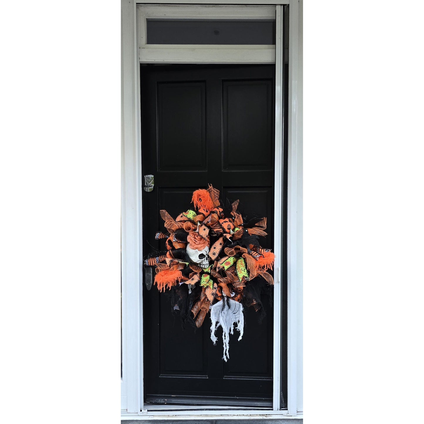 Large Halloween Front Door Wreath Spooky Hanger Black Orange Ghost Skeleton Wall Porch Hanger Handmade House Home Decor Decorations Welcome