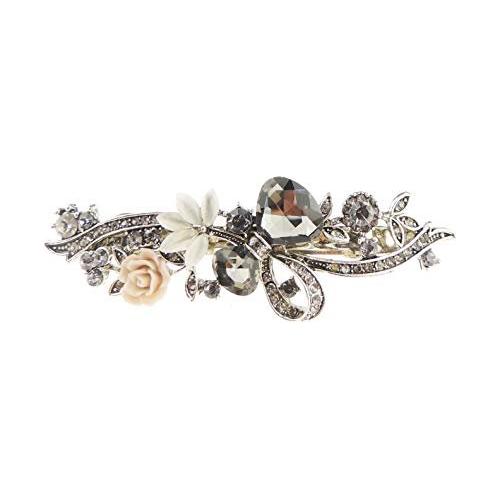 Ladies Vintage Look Silver Tone Metal Blue Crystal Hair Barrette Bow & Rose (Blue Lilac)