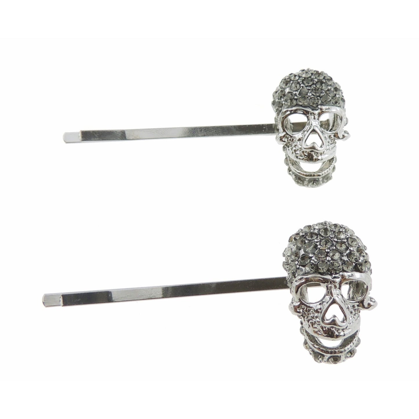 Womens Punk Goth Fancy Dress Vintage Look Rhinestone Jeweled Crystal Diamante Party Birthday Accessories Slides Hairpin Hair Clips Grips Bobby Pins Set of 2 Dark Silver Tone Grey Black Skull
