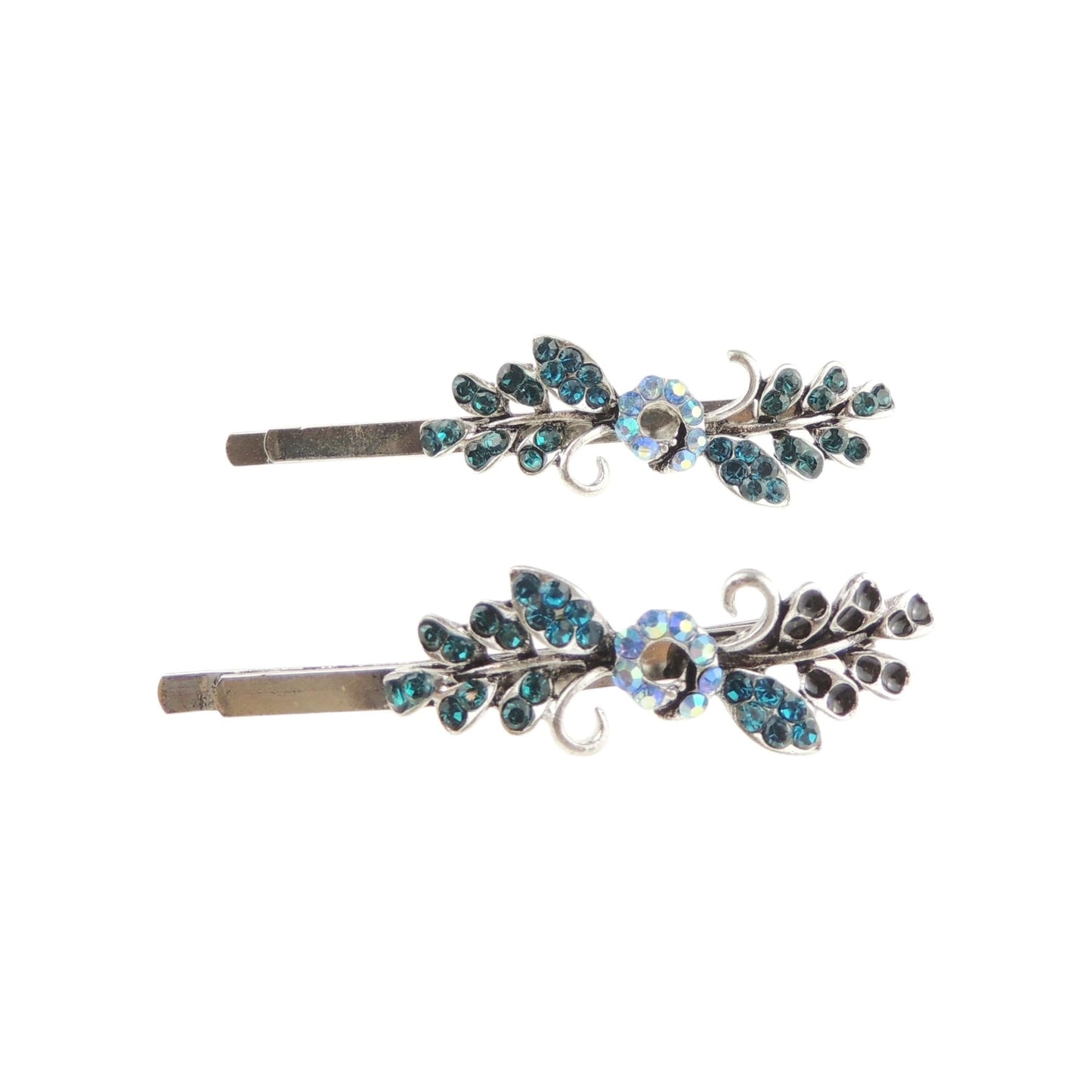 Womens Silver Tone Sparkly Bow Rhinestone Jeweled Crystal Diamante Party Birthday Christmas Bridal Wedding Slides Hairpin Hair Clips Grips Bobby Pins Set of 2 Flower Floral (Multi)