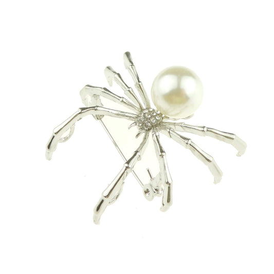 Sparkly Womens Christmas Party Birthday Gift Saree Scarf Diamante Rhinestone Crystal Fancy Dress Bling Brooch Badge Breastpin Corsage Pin Halloween Animal Insect Spider Faux Pearl (White)