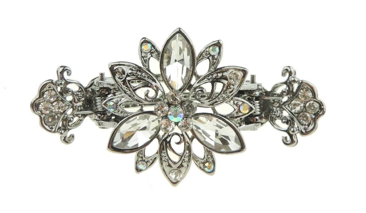 Womens Girls Vintage Look Metal Silver Tone Crystal 7cm Bridal Wedding Party Bridesmaid Birthday Headpiece Hair Accessories Bulldog Crab Octopus Jaw Styling Hair Claw Clamp Clip Rose Flower (Grey)