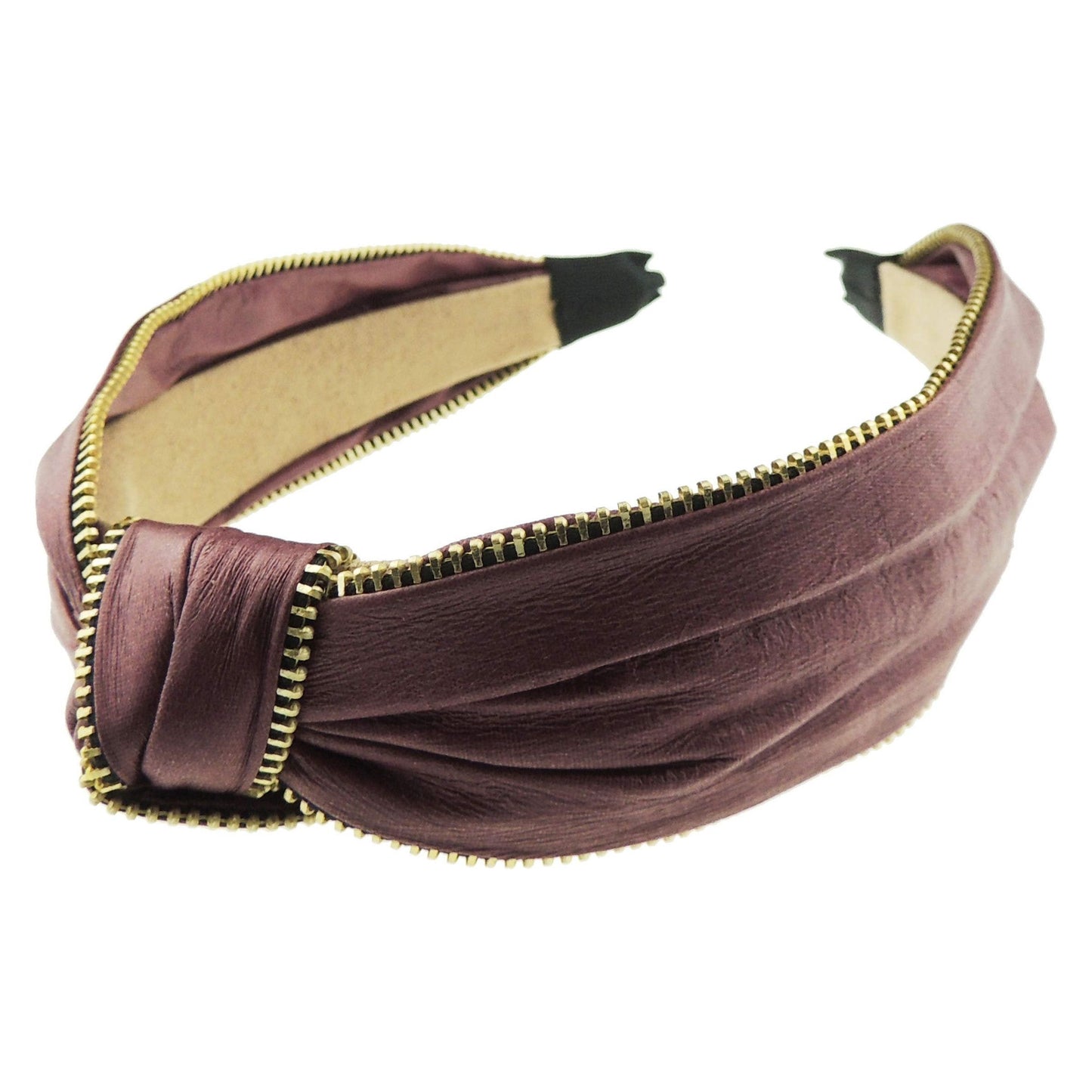 Ladies Girls Elegant Leather Look Funky Retro Gold Tone Zipper Trim Top Knot Headband Alice Band