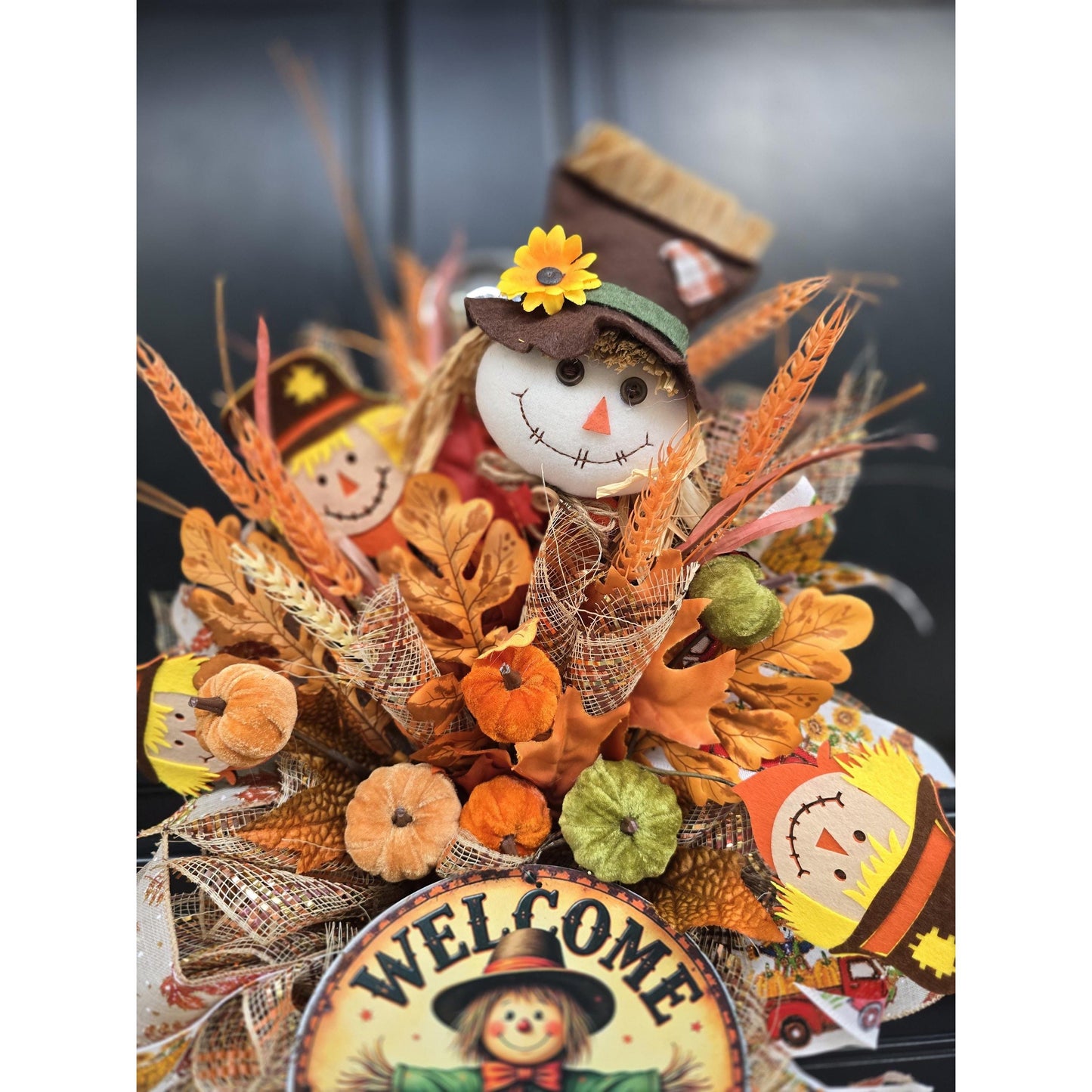 XL Autumn Fall Orange Scarecrow Harvest Front Door Wreath Luxury Rustic Wall Porch Hanger House Home Decor Decorations Thanksgiving Boho