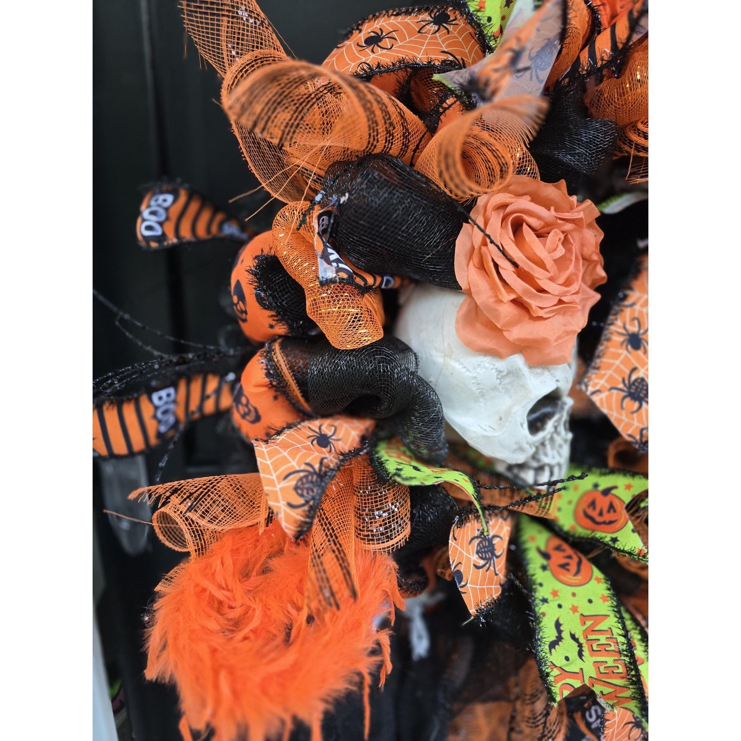 Large Halloween Front Door Wreath Spooky Hanger Black Orange Ghost Skeleton Wall Porch Hanger Handmade House Home Decor Decorations Welcome