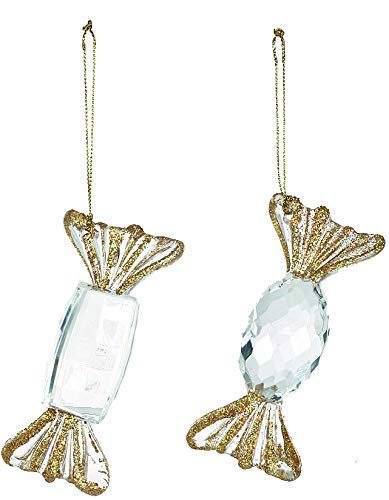 Festive Set of 4 x Hanging Clear and Gold Glitter Acrylic Jewel Candy Sweets 10cm - Sparkly Christmas Tree Decoration Bauble