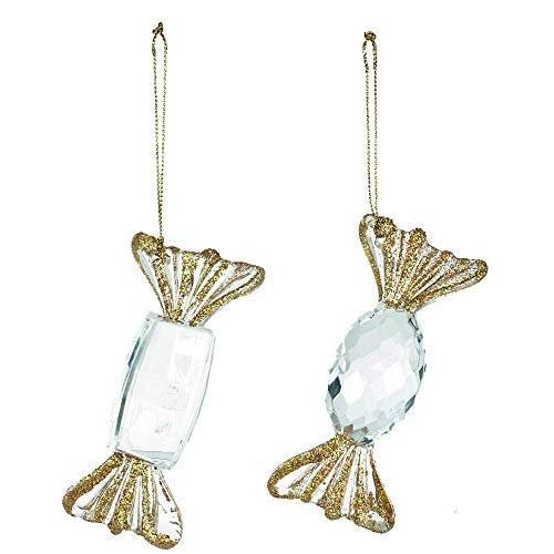Festive Set of 4 x Hanging Clear and Gold Glitter Acrylic Jewel Candy Sweets 10cm - Sparkly Christmas Tree Decoration Bauble