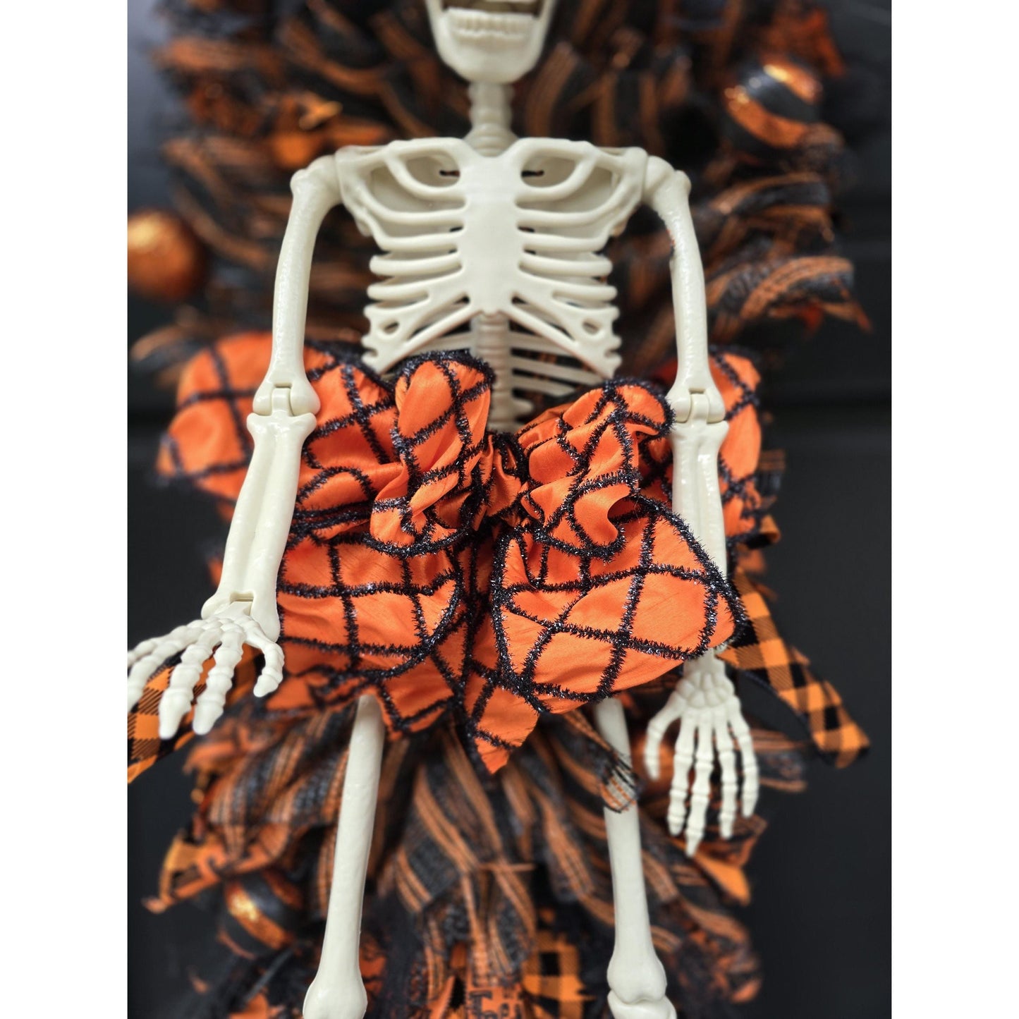 XXL Skeleton Orange Halloween Front Door Wreath Gothic Hanger Wall Porch Hanger Handmade House Home Decor Decorations Whimsical Skelly Glam