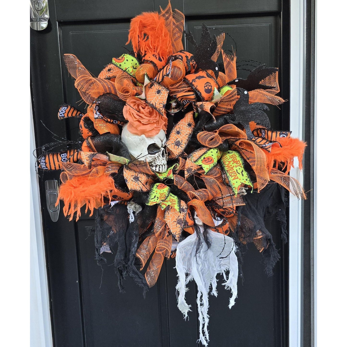 Large Halloween Front Door Wreath Spooky Hanger Black Orange Ghost Skeleton Wall Porch Hanger Handmade House Home Decor Decorations Welcome