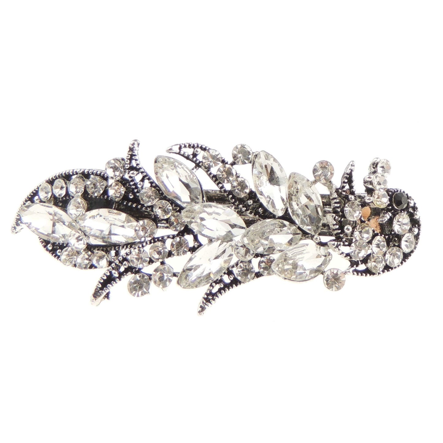 Womens Girls Crystal Rhinestone Diamante Wedding Birthday Party Evening School Ponytail Fine Medium Bridal Hair Accessories Occasion Barrette Hairpin Grip French Spring Clip Silver Tone Small Peacock