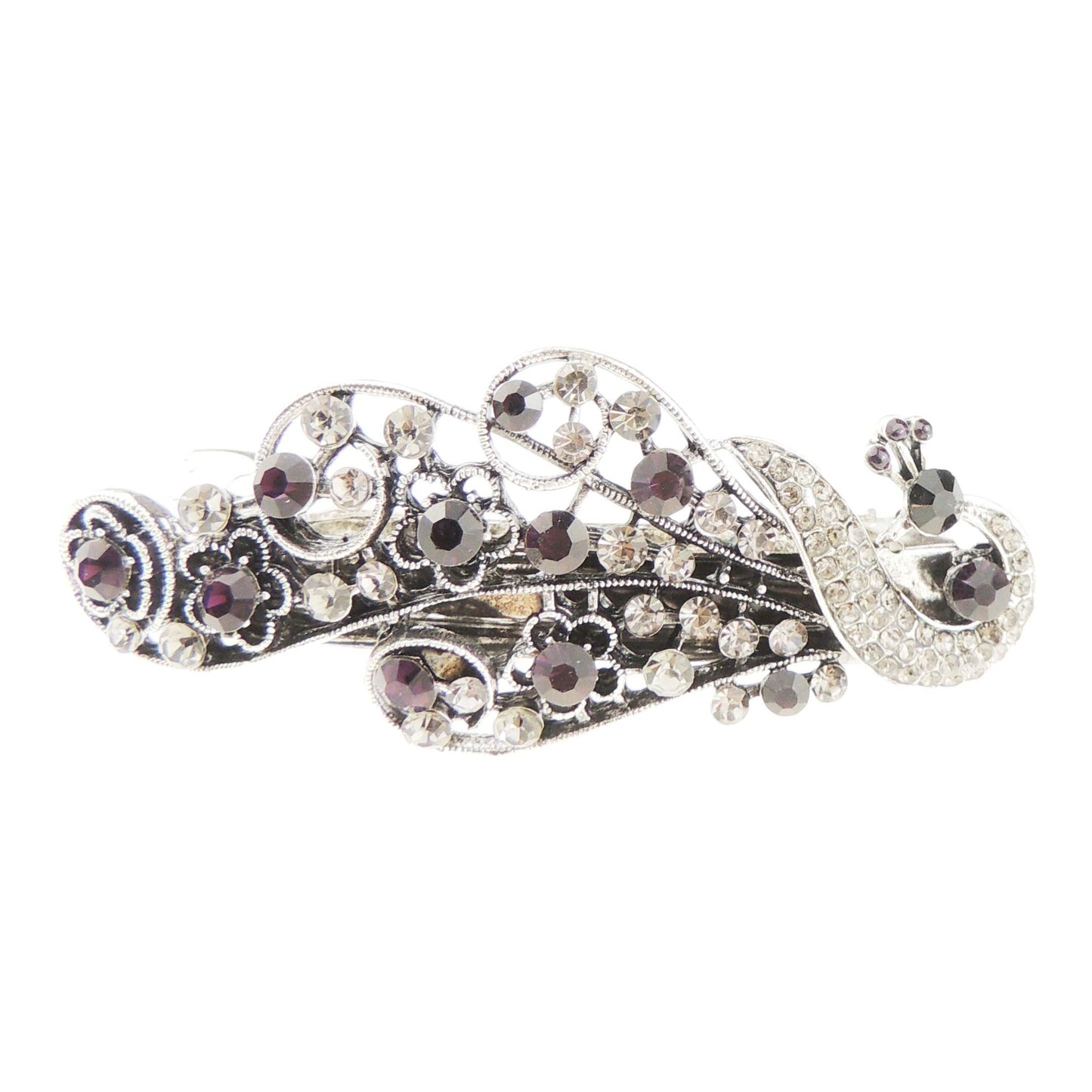 Womens Girls Crystal Rhinestone Diamante Wedding Birthday Party Evening Ponytail Hair Accessories Occasion Barrette Hairpin Vintage Look Dark Silver Tone Metal French Spring Clip Peacock (Blue)
