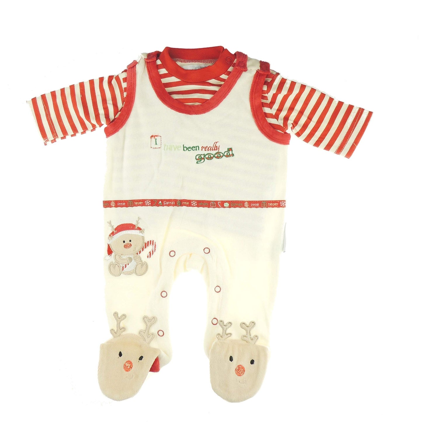 Festive Baby Girls Boys Newborn Pram Cot Sleepwear All in One Romper Outfit Footies Babygrow Sleepsuit Velour Romper Cream Red Sleeper & T Shirt Reindeer I Have Been Really Good (New Born)