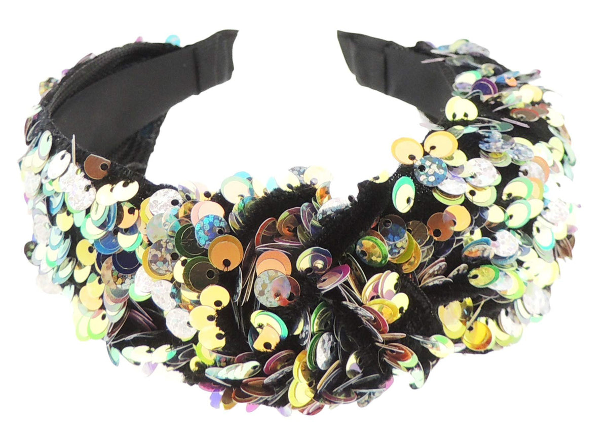 Womens Evening Fancy Sparkly Sequin Knot Twist Twisted Turban Wide Thick Formal Boho Vintage Headband Alice Band Hair Accessories Hairband Christmas Wedding Bridesmaid Party