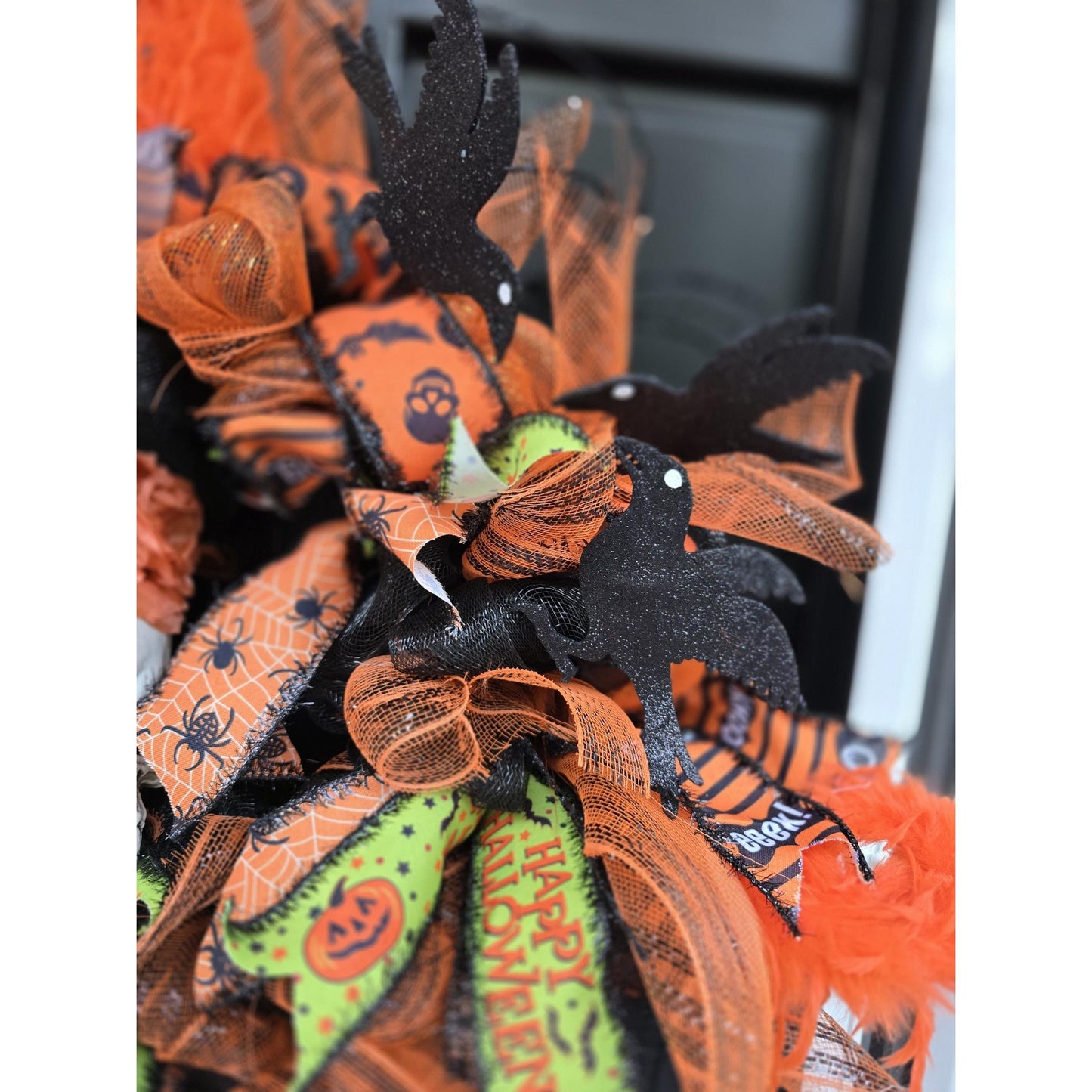Large Halloween Front Door Wreath Spooky Hanger Black Orange Ghost Skeleton Wall Porch Hanger Handmade House Home Decor Decorations Welcome