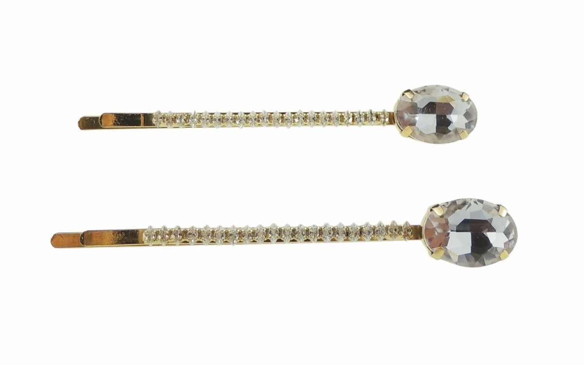 Womens Sparkly Bow Rhinestone Jeweled Crystal Diamante Party Birthday Christmas Wedding Slides Hairpin Hair Clips Grips Bobby Pins Large Oval Stone Gold Tone Swirls SET of 2