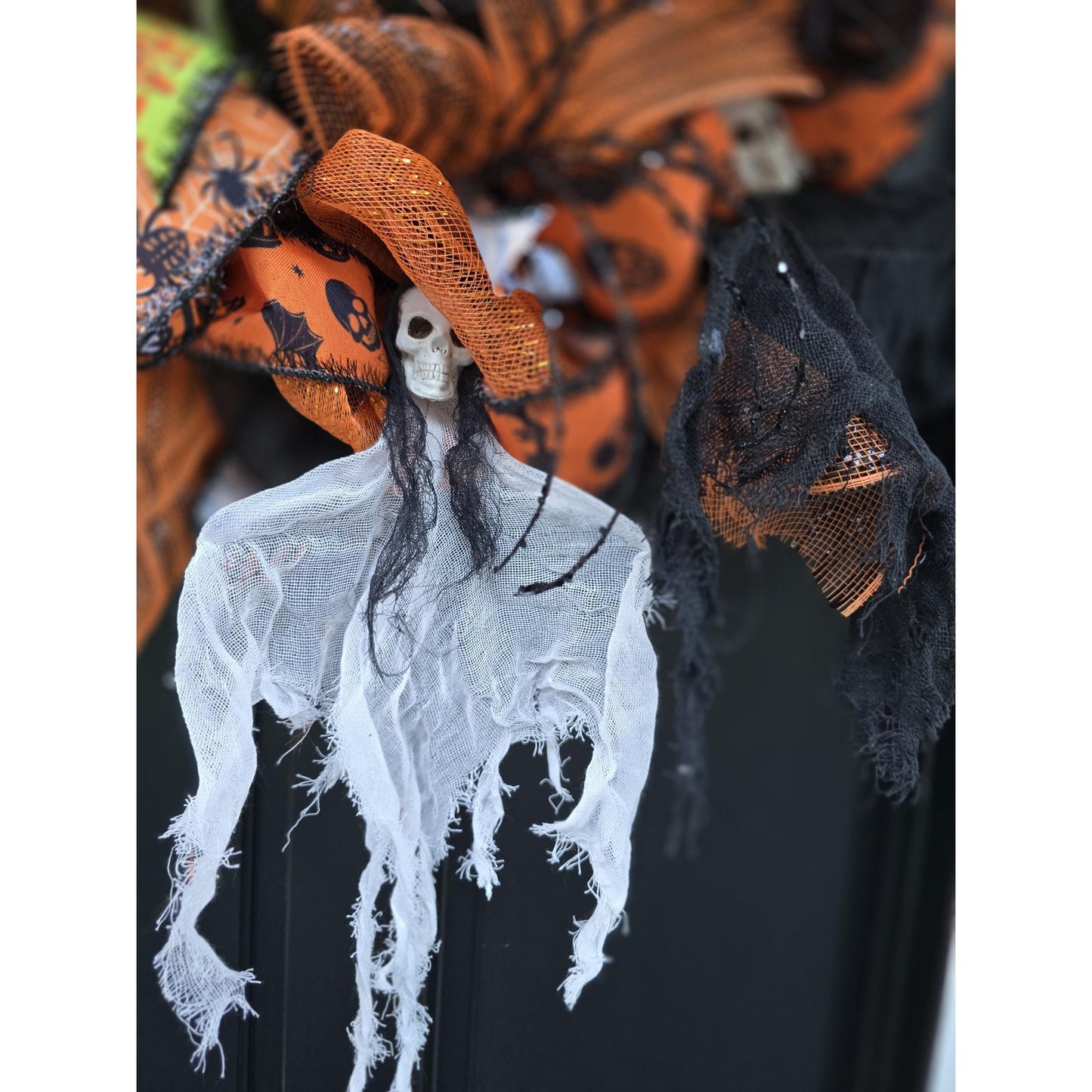 Large Halloween Front Door Wreath Spooky Hanger Black Orange Ghost Skeleton Wall Porch Hanger Handmade House Home Decor Decorations Welcome