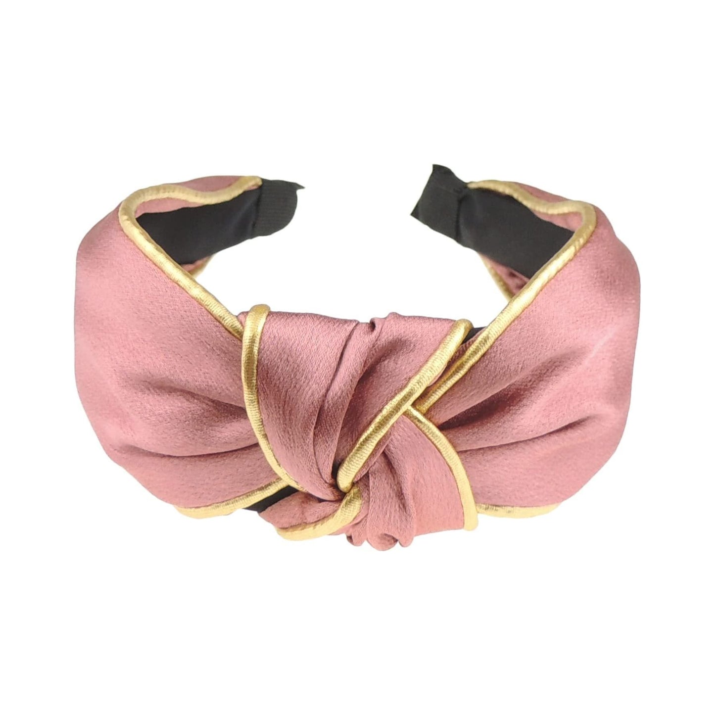 Ladies Girls Evening Gold Piping Trim Shiny Satin Top Knot Headband Alice Band (Dusky Pink)