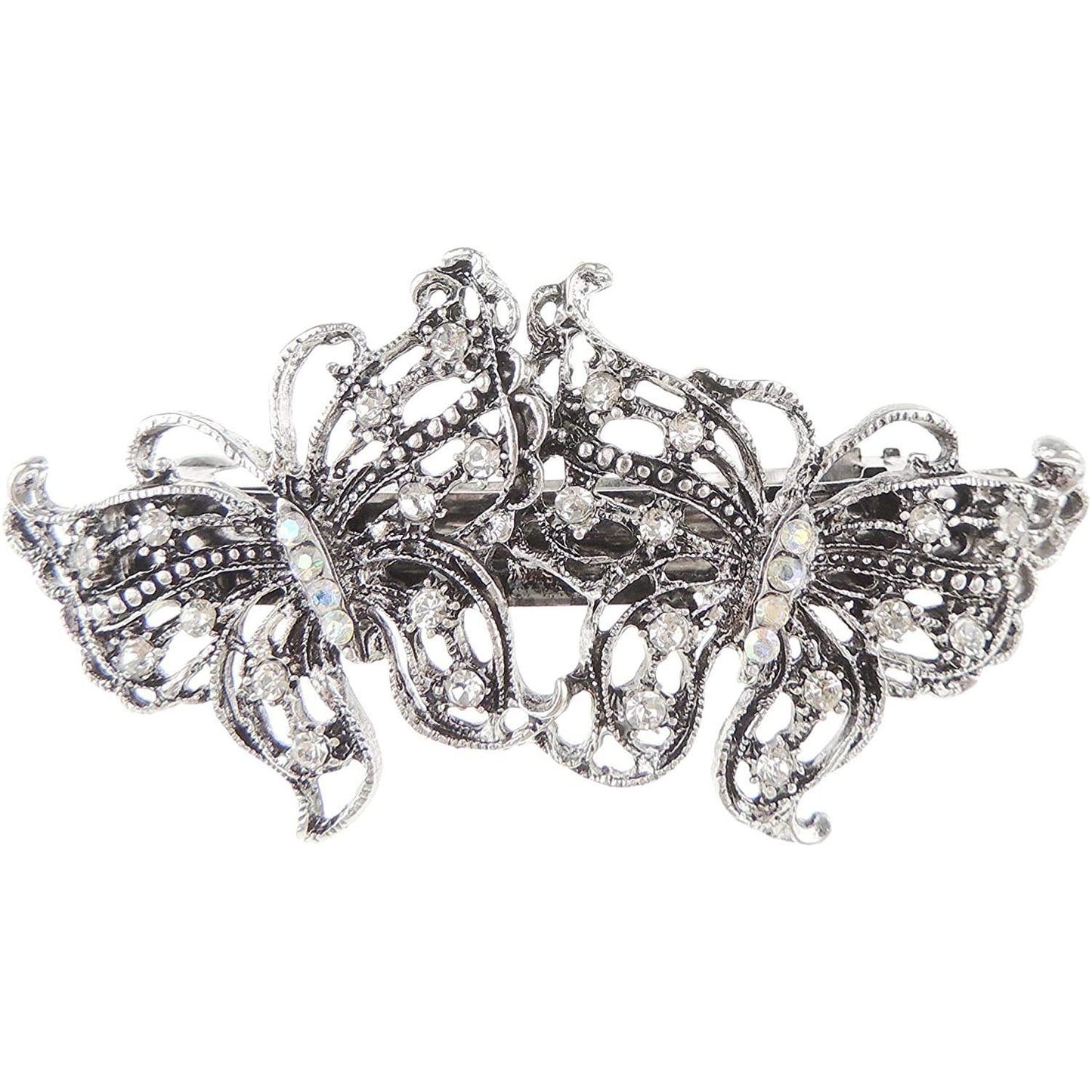 Womens Girls Crystal Rhinestone Diamante Wedding Birthday Party Evening Ponytail Fine Medium Hair Accessories Occasion Barrette Hairpin Grip French Spring Clip VIntage Silver Tone Butterfly