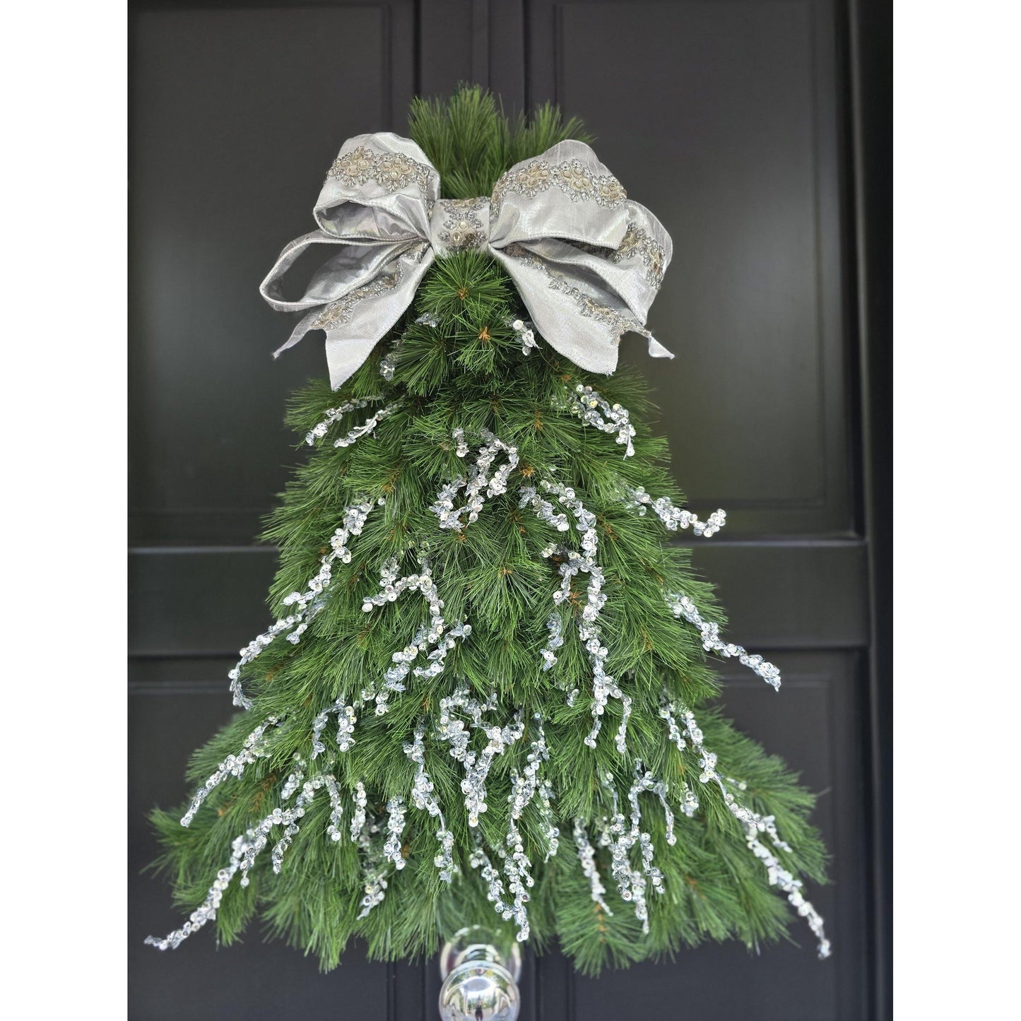 Large Luxury Christmas Tree Shaped Wreath Front Door Home Decorations Silver Green Xmas Winter Mantle Decor Porch Holiday Swag Designer Glam