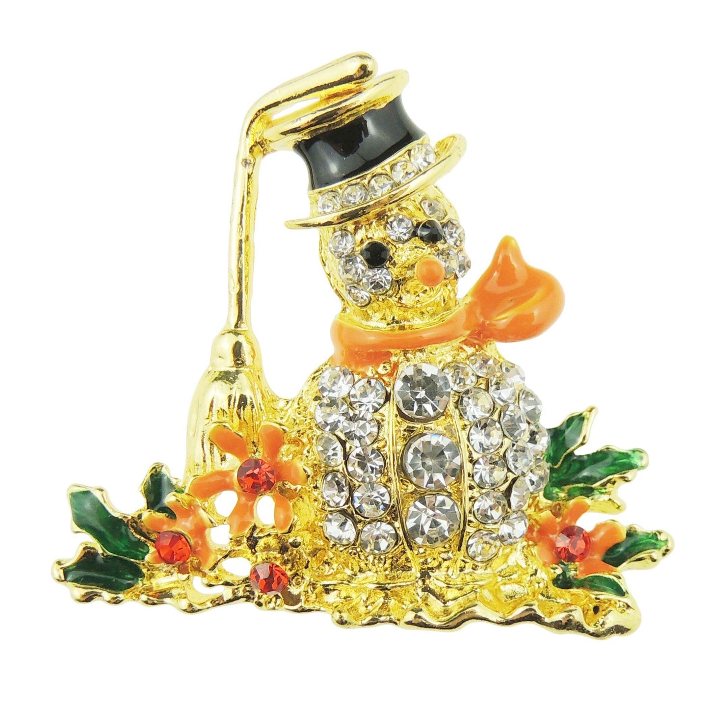 Sparkly Womens Christmas Party Birthday Gift Diamante Rhinestone Crystal Fancy Dress Bling Badge Corsage Pin Halloween Christmas Thanksgiving Festive Brooch Snowman Broomstick Orange Gold Tone