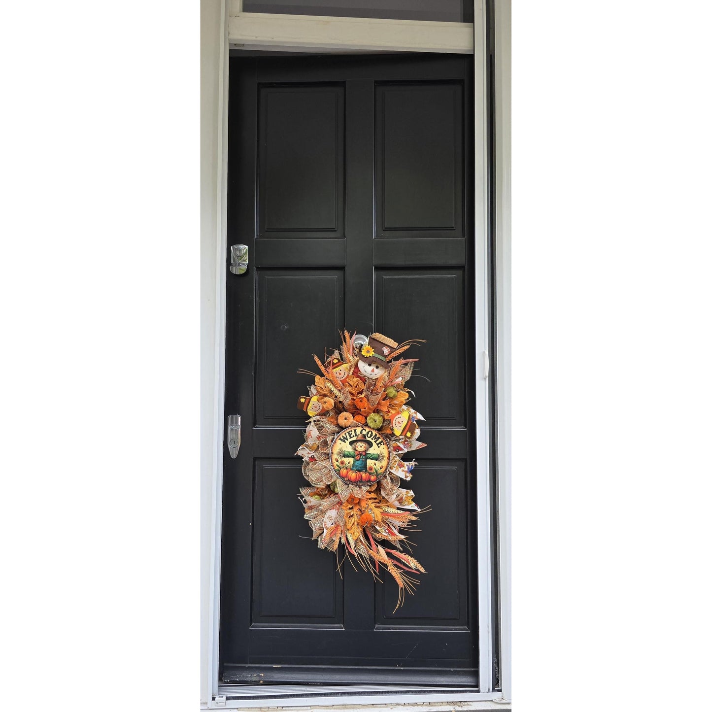 XL Autumn Fall Orange Scarecrow Harvest Front Door Wreath Luxury Rustic Wall Porch Hanger House Home Decor Decorations Thanksgiving Boho