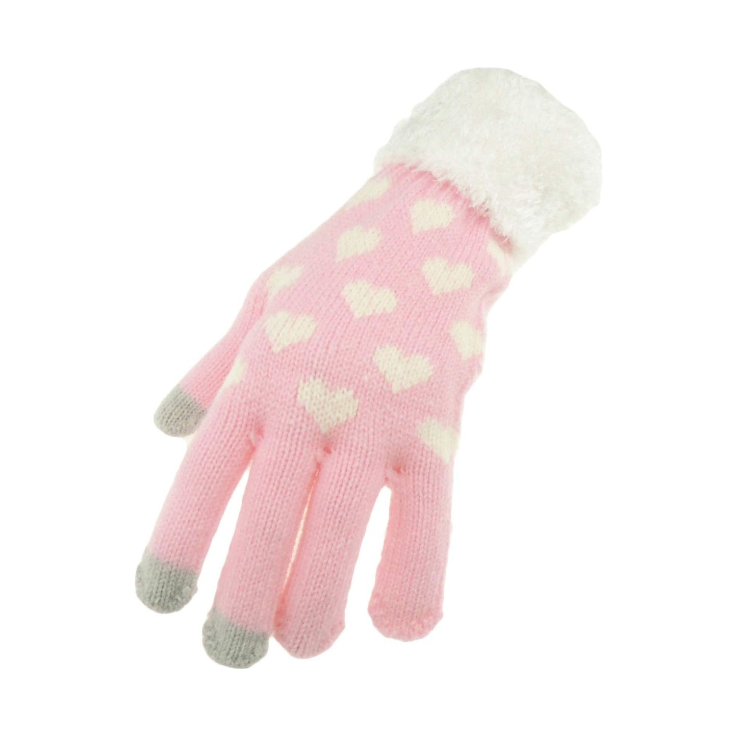 Soft Ladies Womens Girls Thick Knitted Crochet Thermal Fleece Lined Cold Weather Winter Ski Outdoor Hand Warmers Touch Screen Gift Mittens Gloves Mitts Christmas Birthday Hearts (Candy Pink)