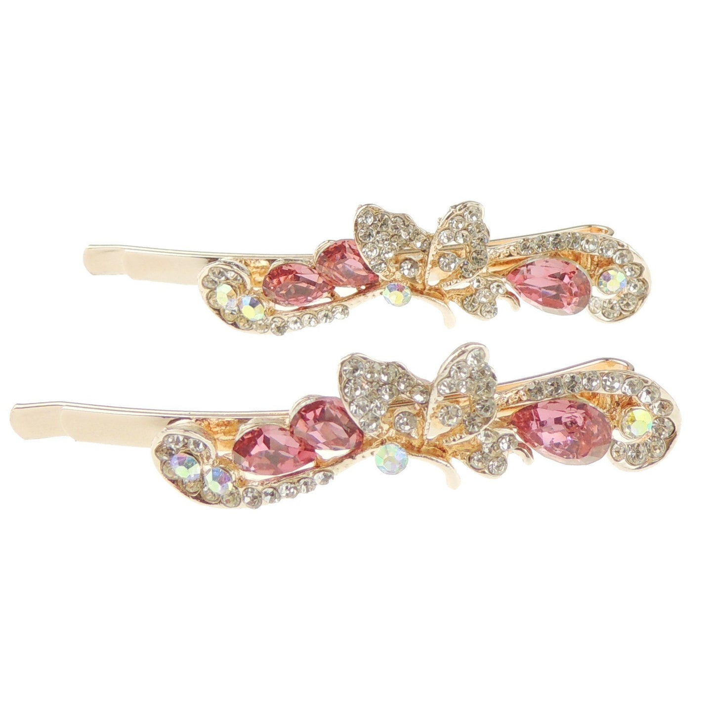 Ladies Girls Pair Of Sparkly Crystal 6cm Hair Grips Butterfly Swirly