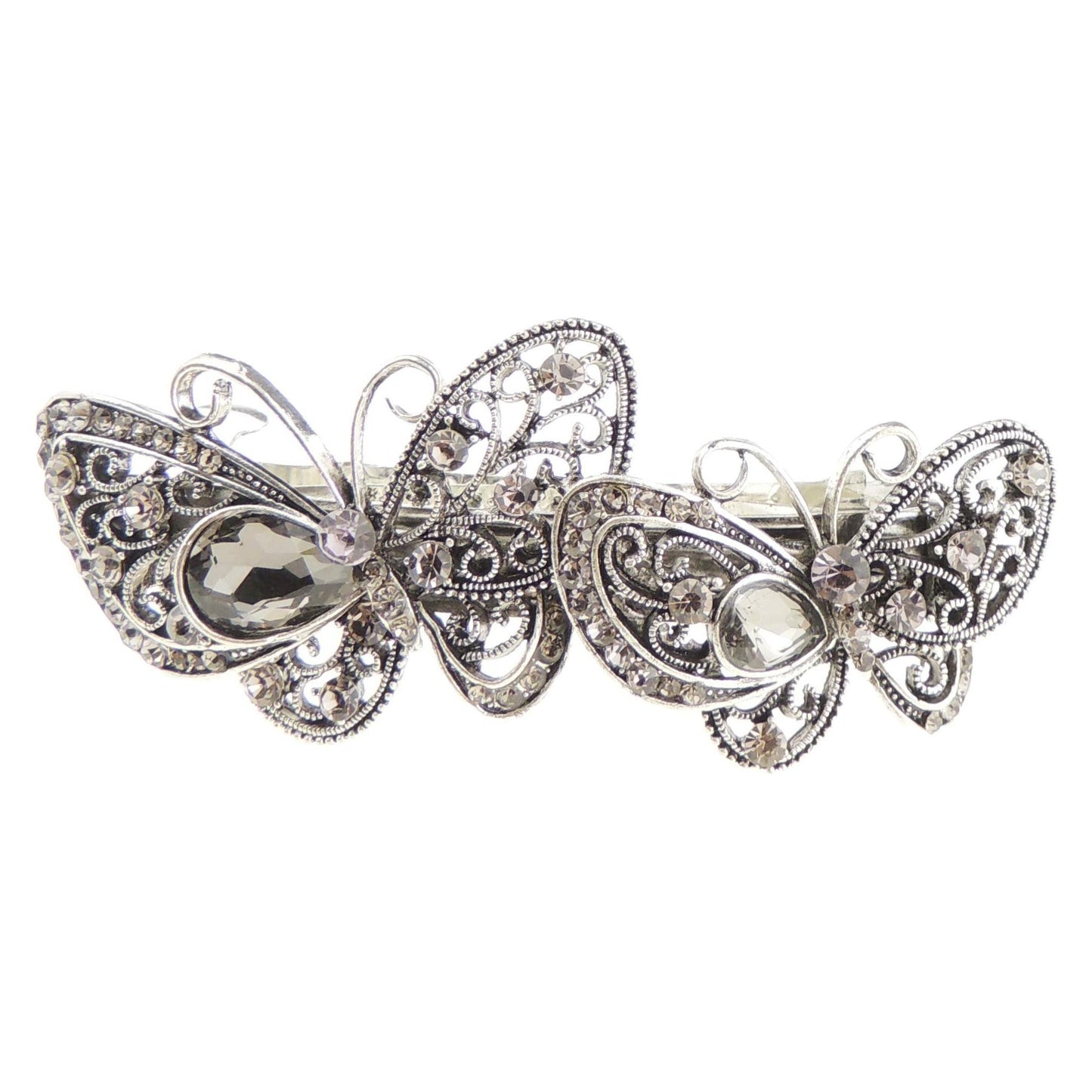 Ladies Silver Tone Vintage Look Crystal Diamante Stencil Barrette Butterflies