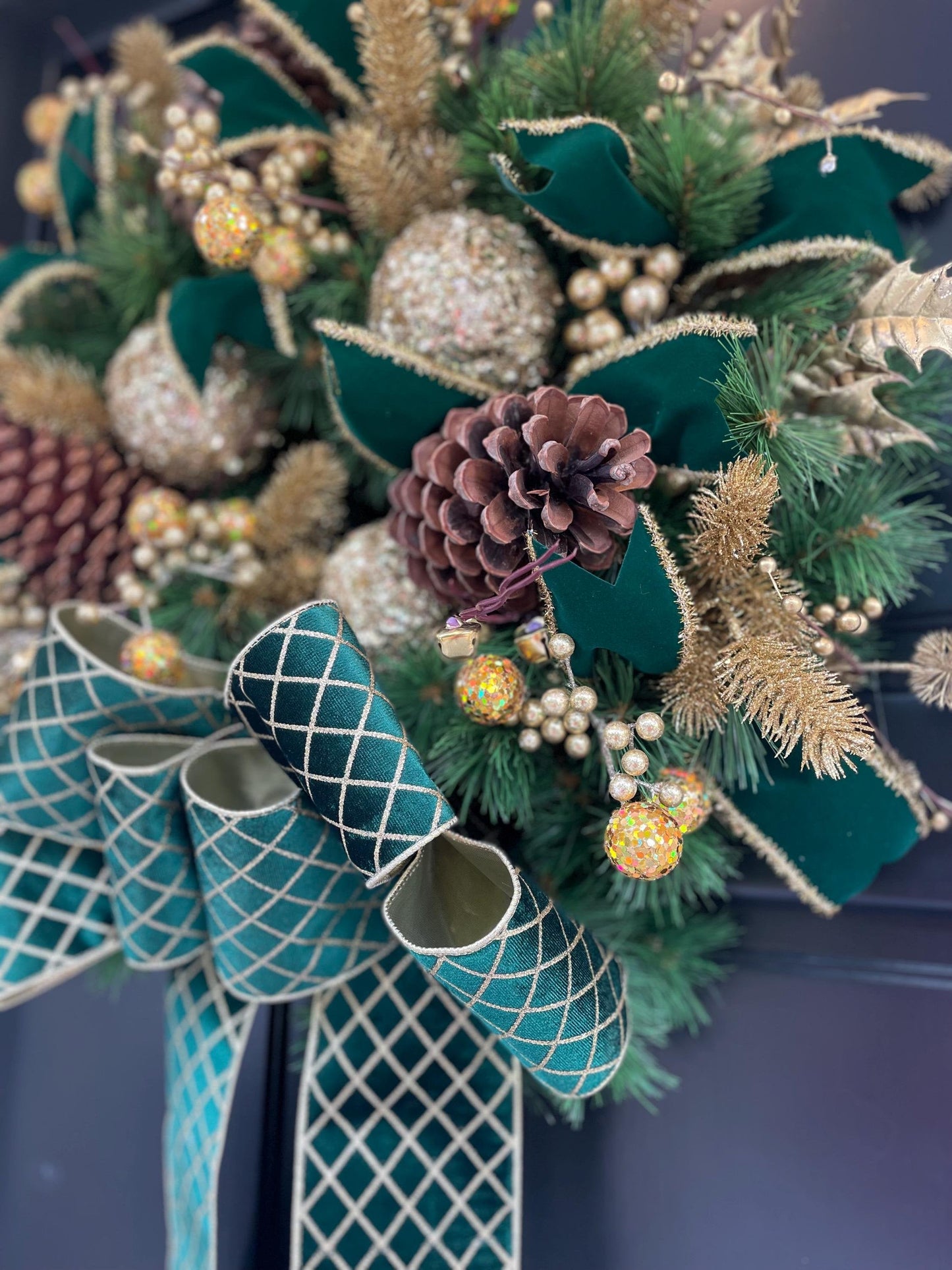 Luxury Emerald Green & Gold Christmas Wreath | Designer Velvet Bow Front Door Wreath | 60cm (24")