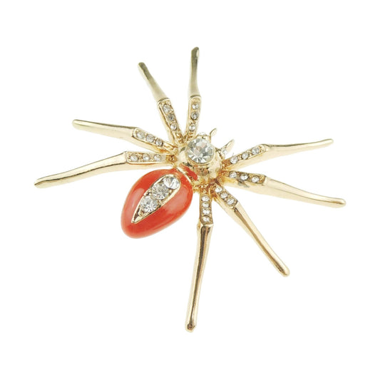 Unisex Diamante Rhinestone Crystal Enamel Halloween Fancy Dress Spider Badge Brooch (Red Gold Tone)