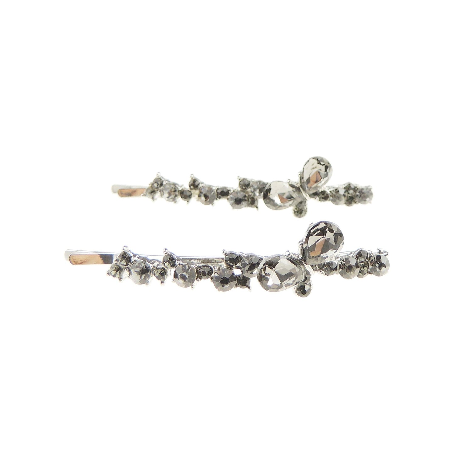 Ladies Evening Sparkly Crystal Diamante Clear Silver Tone Stone Pair of 2 Hair Grips Butterfly