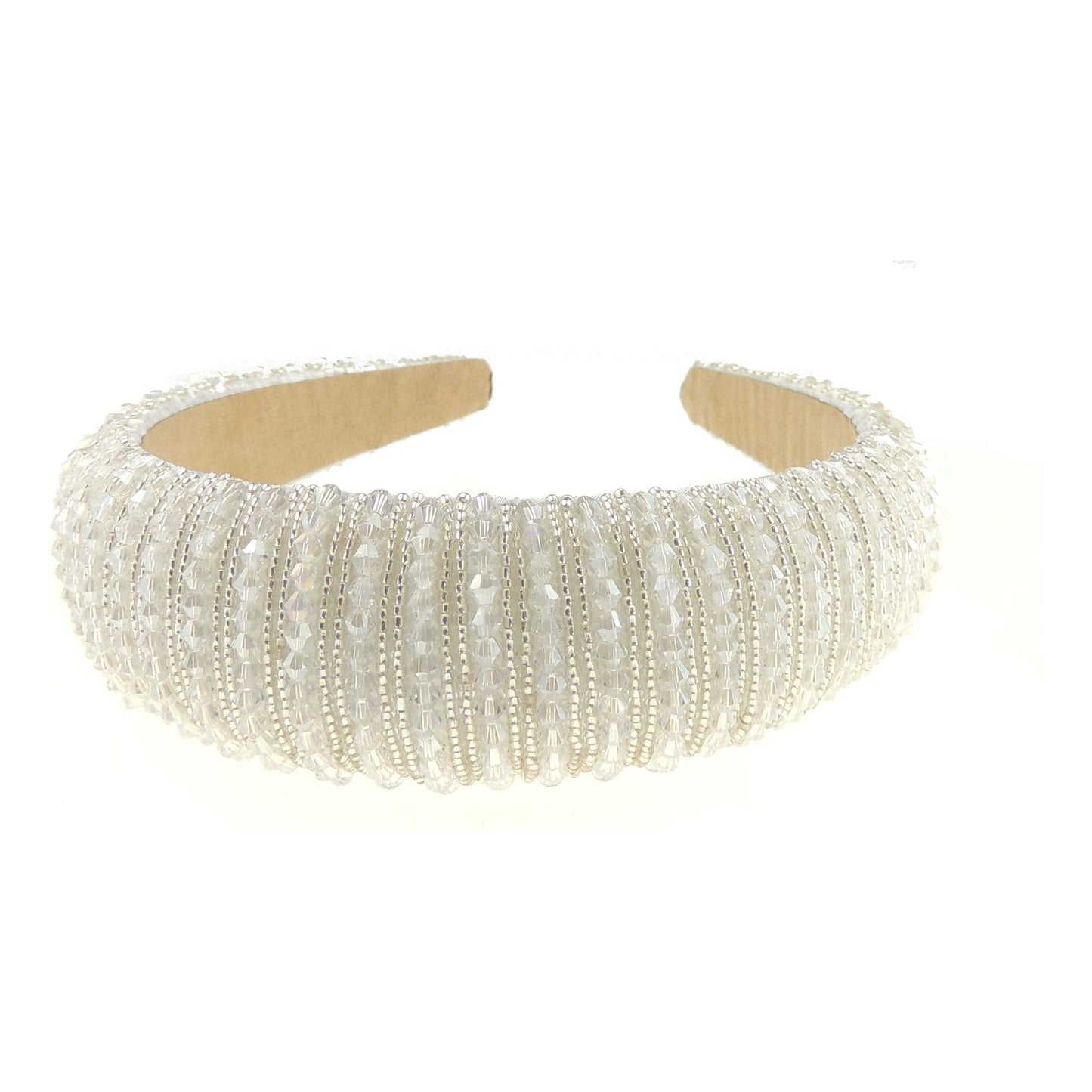 Womens Sparkly Beaded Rhinestone Embellished Jeweled Crystal Wide Thick Padded Evening Formal Occasion Christmas Birthday Wedding Bridal Party Headband Alice Band Hairband (White, One Size)