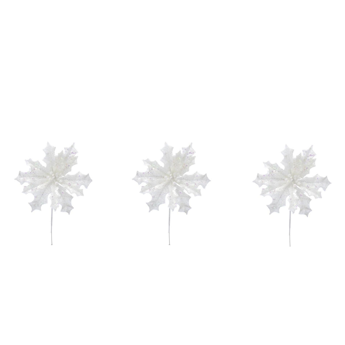 Set of 3 Sparkly Glitter White Poinsettia Flower Christmas Tree Floral Pick Ornament Xmas Decor Garland Wreath Decoration