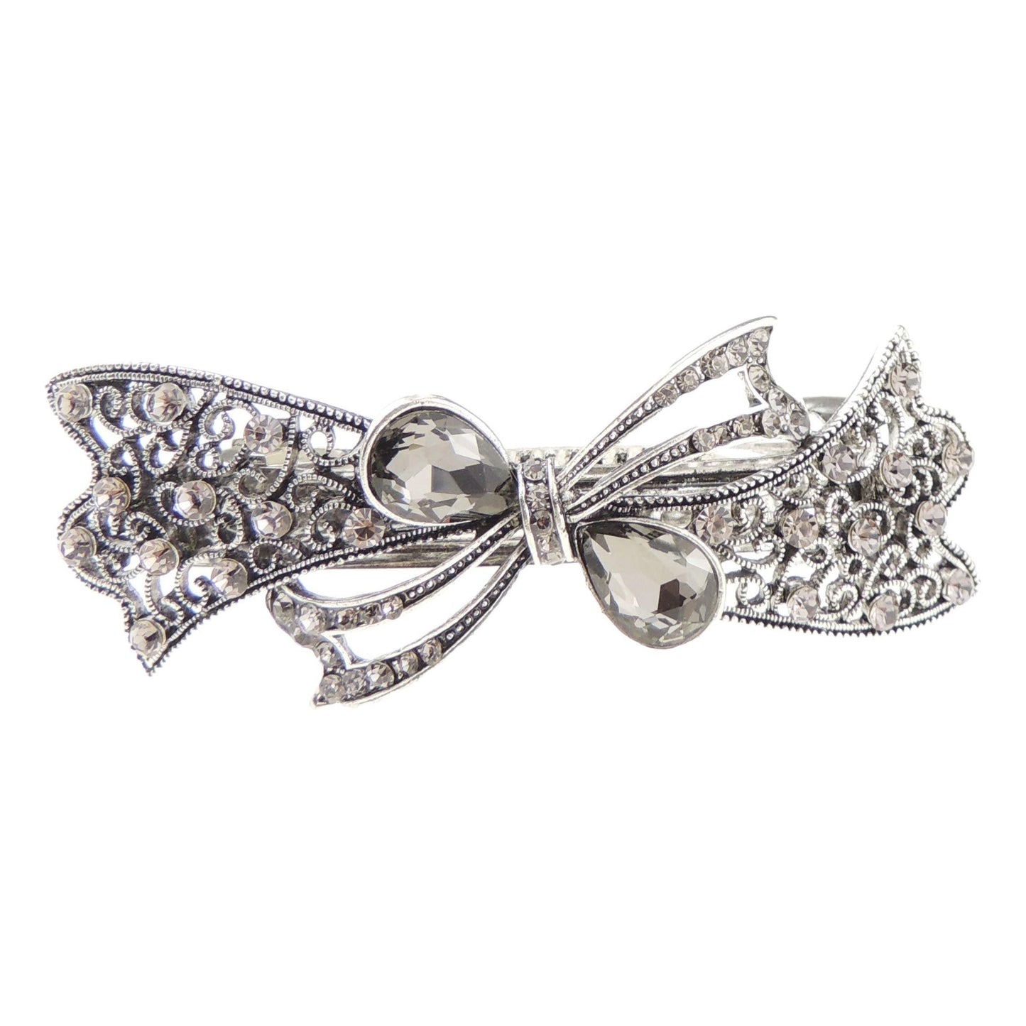 Womens Girls Vintage Look Crystal Rhinestone Diamante Wedding Birthday Party Evening Ponytail Fine Medium Hair Accessories Barrette Hairpin Silver Tone Metal French Spring Clipe Ribbon Bow (Blue)
