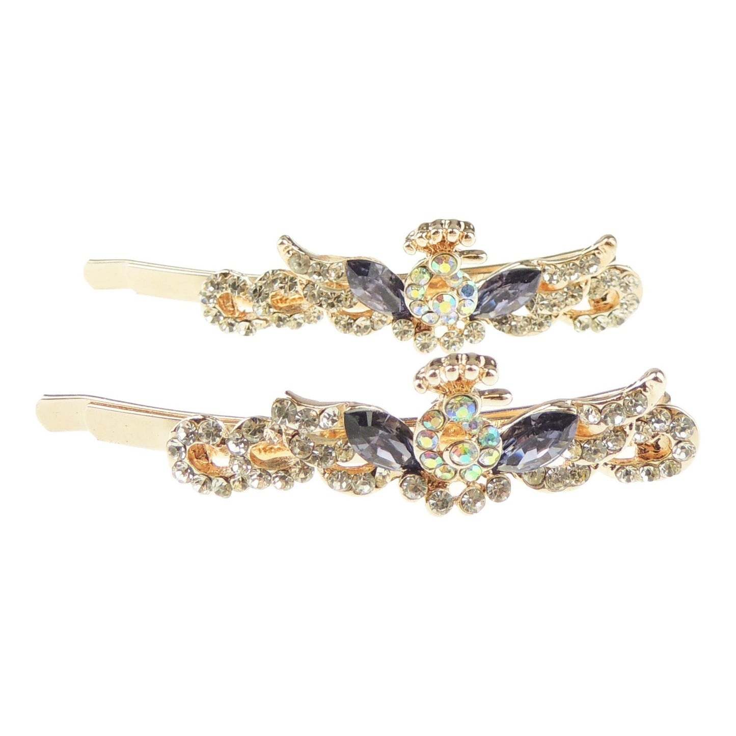 Womens Sparkly Bow Rhinestone Jeweled Crystal Diamante Party Birthday Christmas Bridal Proms Wedding Slides Hairpin Hair Clips Grips Bobby Pins Gold Tone Swirls SET of 2 Peacock Crown