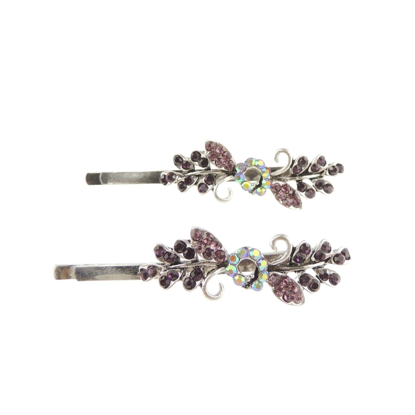 Womens Silver Tone Sparkly Bow Rhinestone Jeweled Crystal Diamante Party Birthday Christmas Bridal Wedding Slides Hairpin Hair Clips Grips Bobby Pins Set of 2 Flower Floral (Multi)