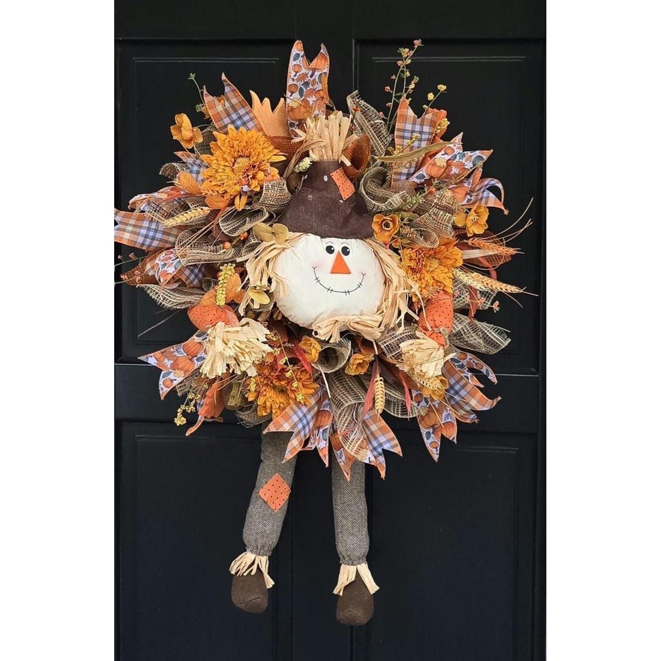Large Autumn Fall Orange Scarecrow Harvest Front Door Wreath Luxury Rustic Wall Porch Hanger House Home Decor Decorations Thanksgiving Boho