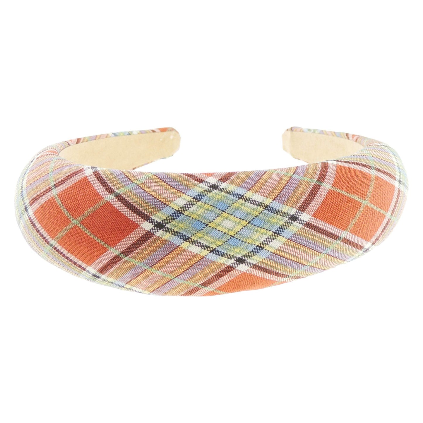 Wide High Sponge Puffy Bump Thick Fashion Formal Plaid Tartan Fabric Boho Vintage Headband Alice Band Women Hair Accessory Hairband Christmas Birthday Wedding Guest Bridesmaid Prom Holiday Orange