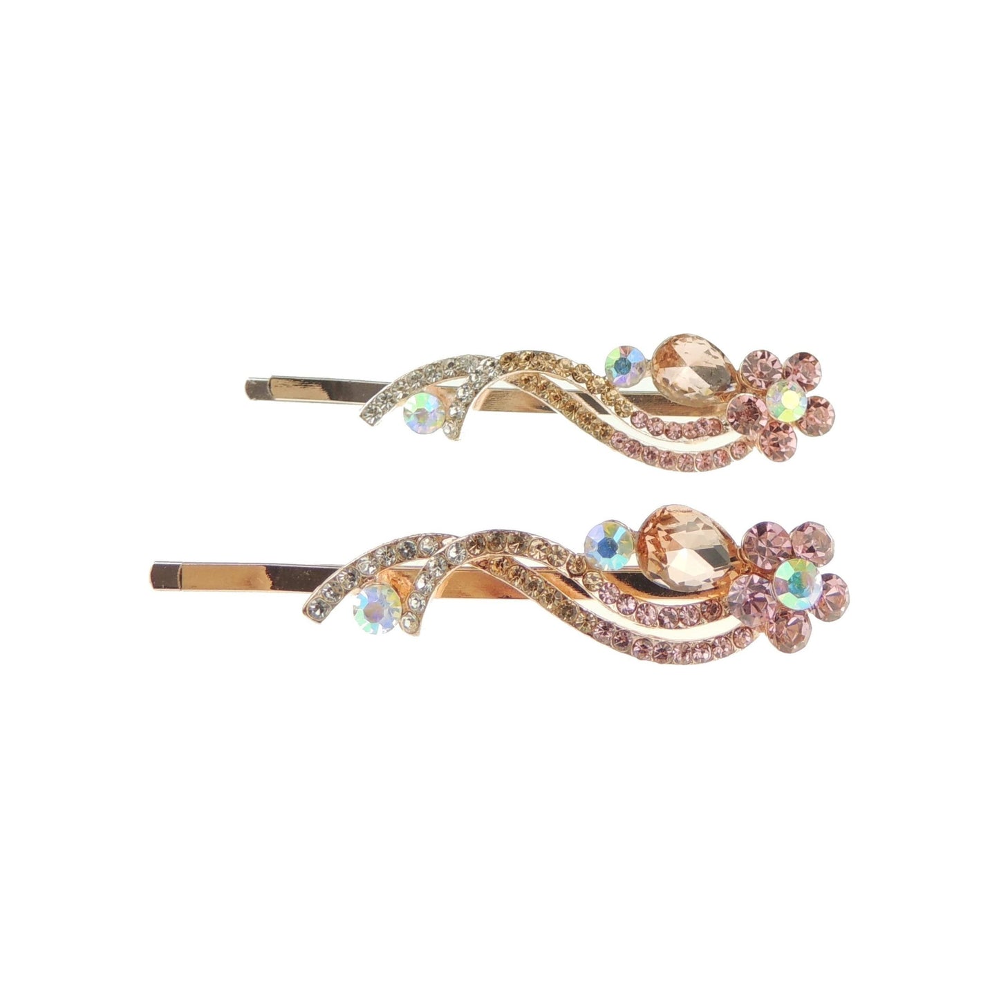 Womens Girls Sparkly Bow Jeweled Crystal Diamante Party Birthday Christmas Bridal Wedding Accessories Slides Hairpin Hair Clips Grips Bobby Pins Swirls Flower Waves Gold Tone Swirls (Pink Clear)
