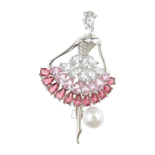 Ladies Beautiful Crystal Diamante Faux Pearl Ball Evening Lapel Brooch Dancing Lady Ballerina Tutu (Pink Silver Tone)