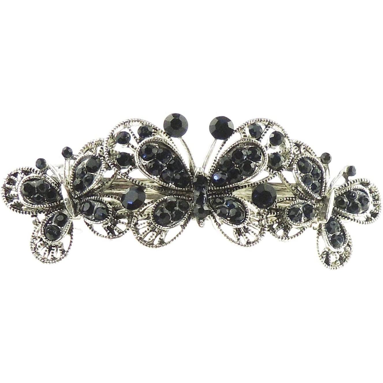 Antique Look Womens Girls Crystal Rhinestone Diamante Wedding Bridal Party Evening Ponytail Fine Hair Accessories Occasion Barrette Hairpin Grip French Metal Spring Clip Butterfly Trio Blue