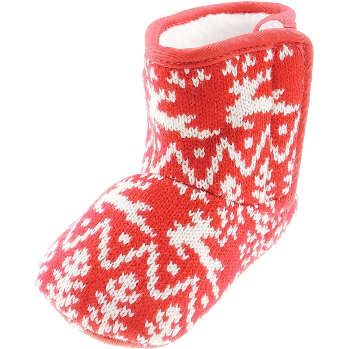 Baby Boys Unisex Girls Infant Newborn Babies Kids Crib Pram Shoes Winter Fleece Warm Soft Sole Booties Slippers Festive 1st First Christmas Xmas Red White Fair Isle Nordic Reindeer Boots