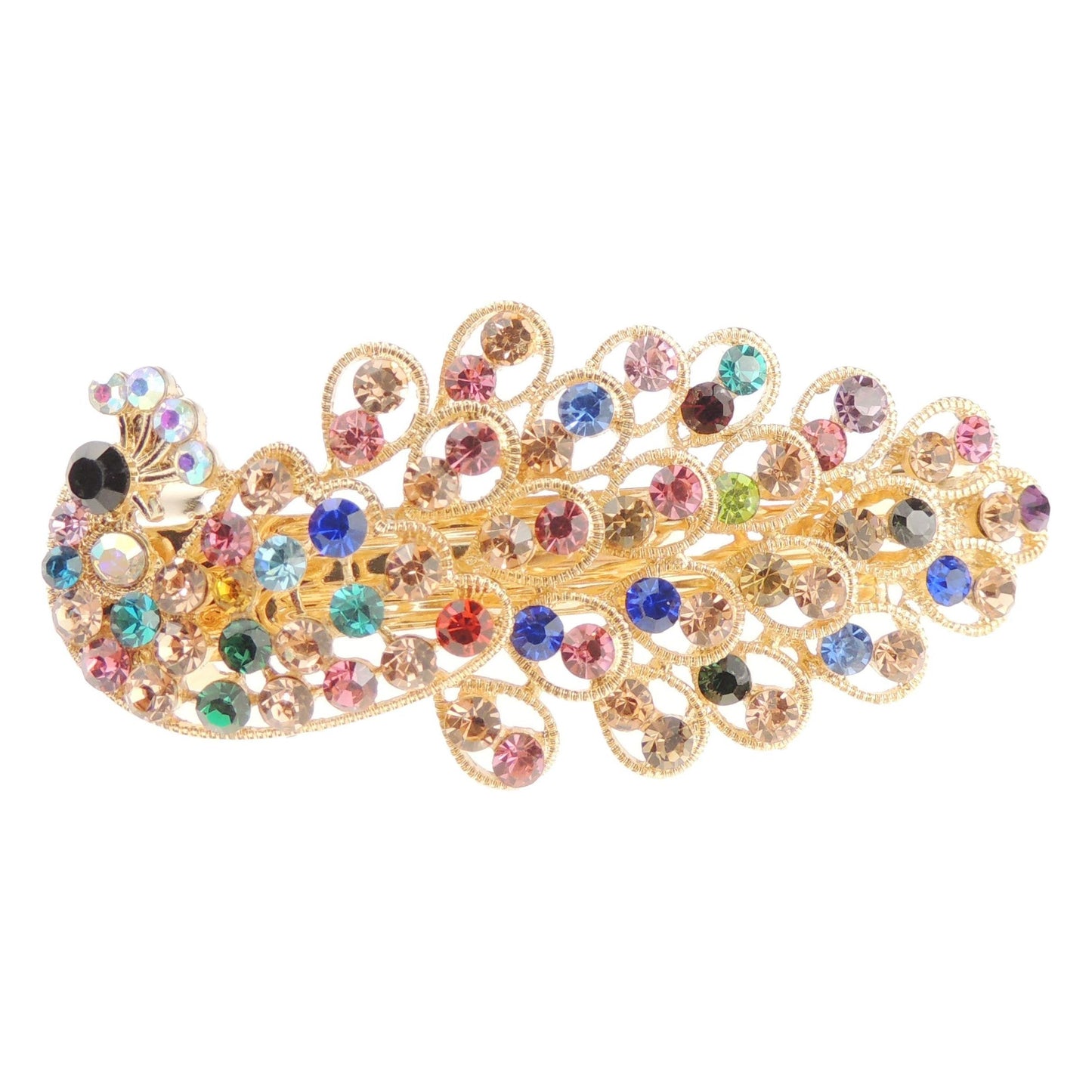 Sparkly Womens Girls Crystal Rhinestone Diamante Wedding Bridal Party Evening Ponytail Fine Hair Accessories Occasion Barrette Hairpin Grip French Metal Spring Clip Peacock Bird Gold Tone (Purple)